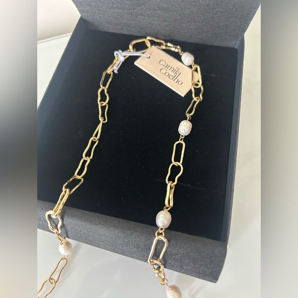 Viral Camila Coelho Coastal Gold Paperclip Chain Necklace with freshwater Pearls - Picture 2 of 4